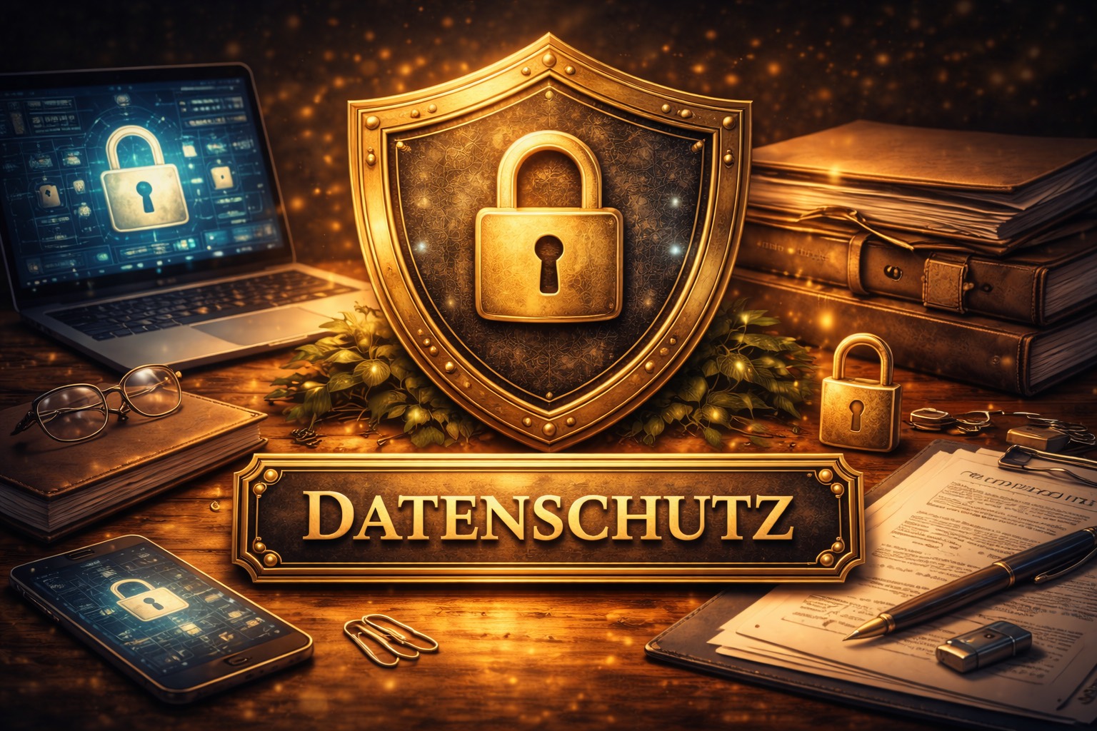 Datenschutz-Szene mit Schild, Schloss und Geräten als Bild für Privatsphäre, Sicherheit und sorgfältigen Umgang mit Daten