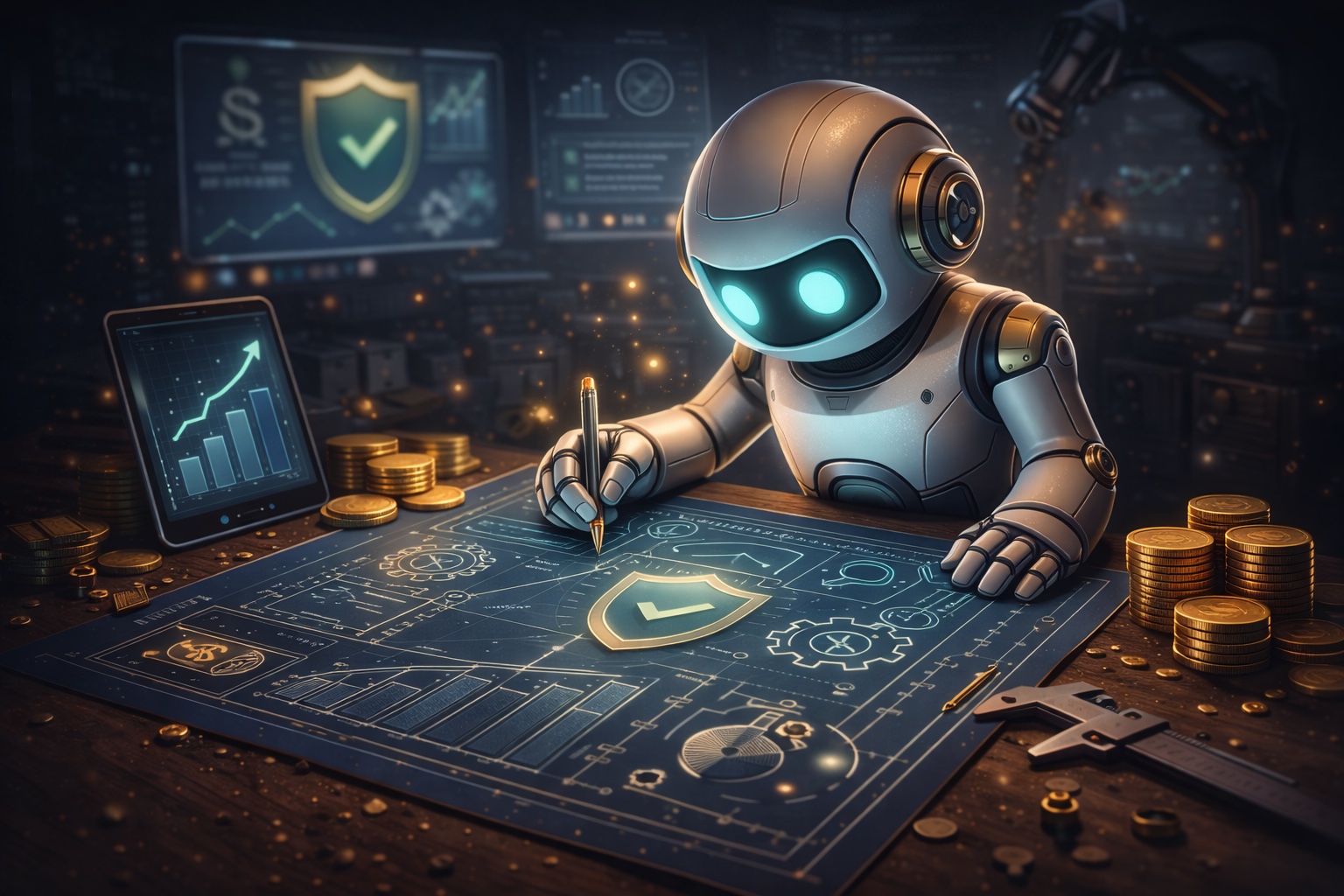 Roboter erstellt einen Finanzplan als Symbol für Regeln, Autopilot und disziplinierten Vermögensaufbau