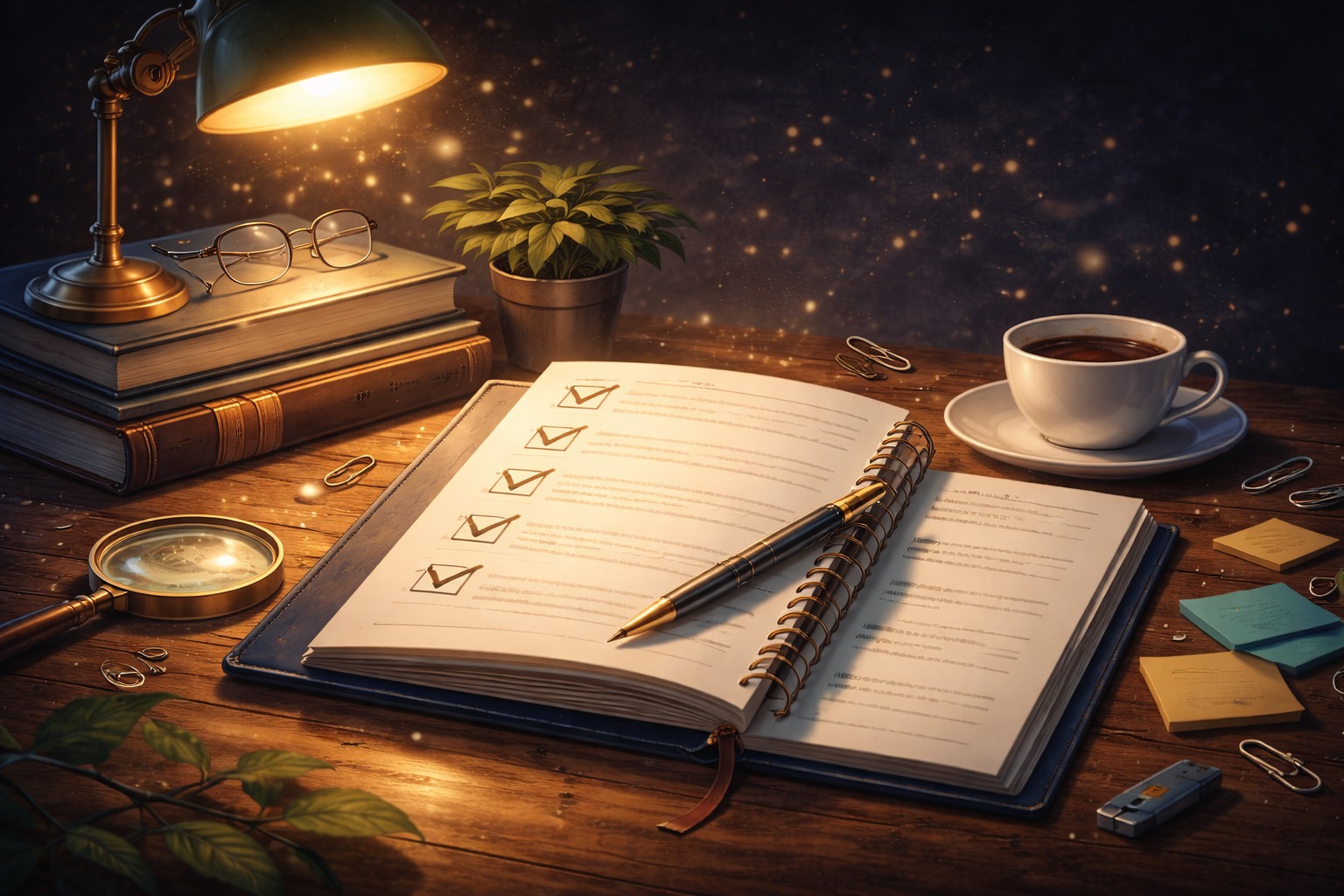 Quellenverzeichnis mit Notizbuch, Lupe und Lampe als Bild für geprüfte und verständliche Grundlagen