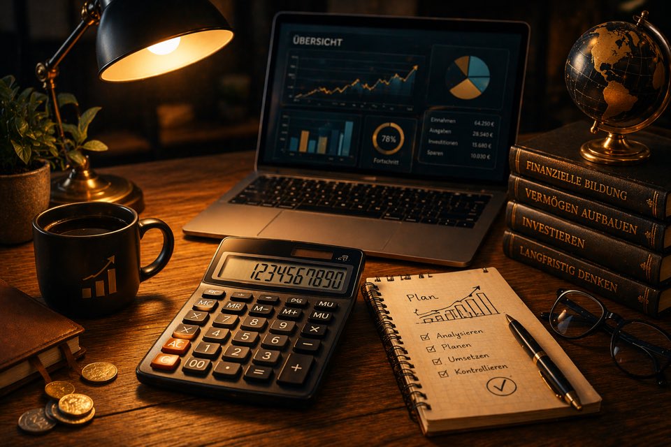 Rechner-Arbeitsplatz mit Finanzübersicht, Taschenrechner und Notizbuch