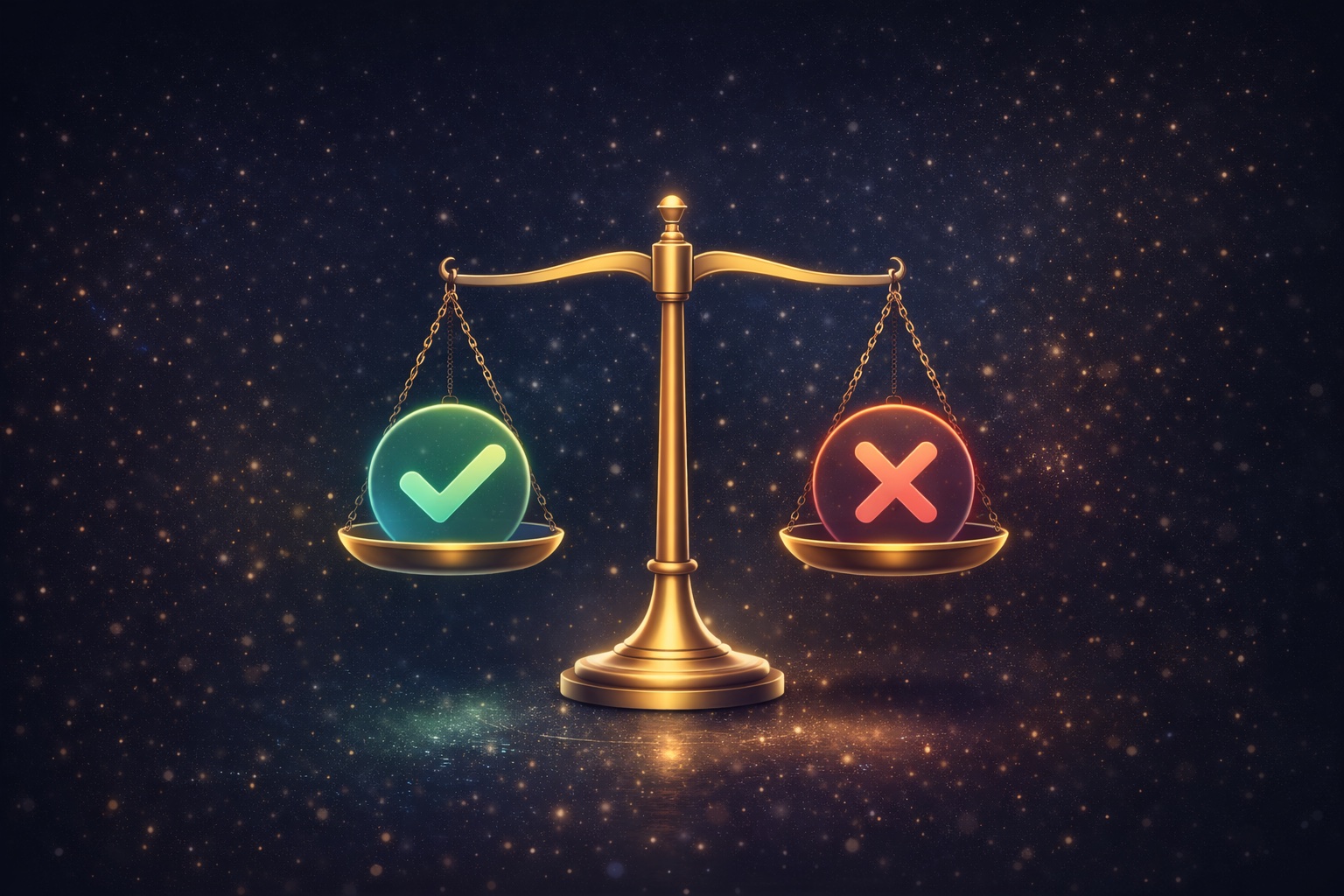 Illustration einer Waage mit Haken und X zur Einordnung von sinnvollen und unsinnigen Vermögensentscheidungen